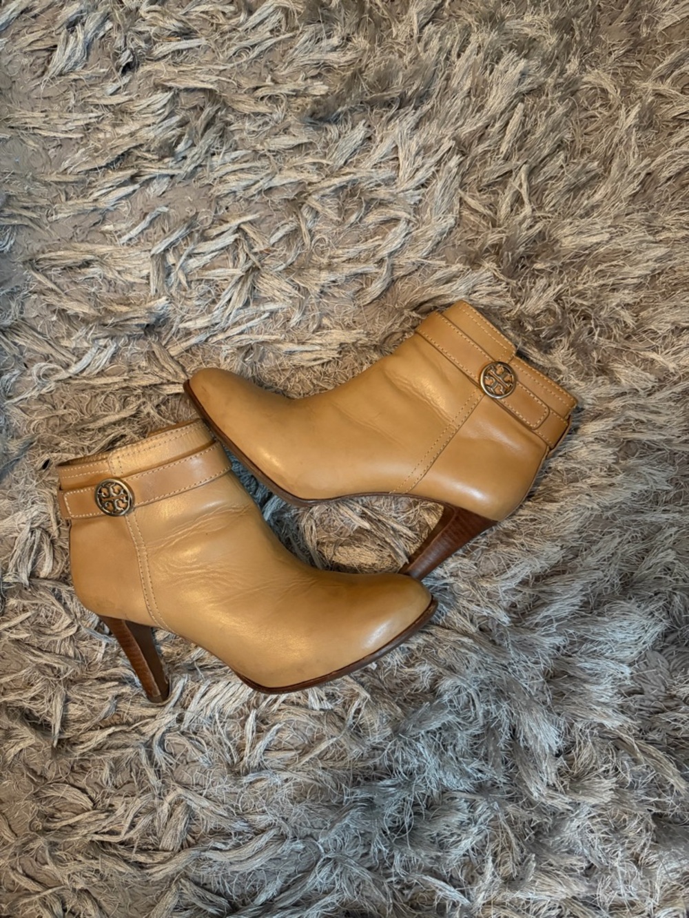 Tory Burch Tan Leather Ankle Booties with Logo Medallion